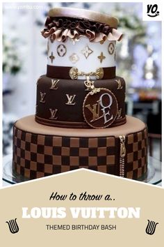 a three tiered cake is decorated with louis vuitton and monograms