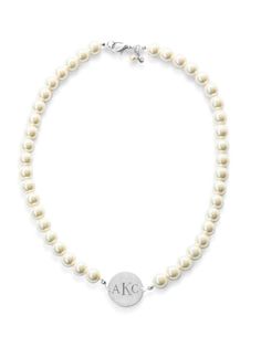 Everything is better with a monogram! Wear your initials proudly with our Pearlsonalized collection. Made locally by our skilled artisans at our workshop in Rhode Island. Initials should be entered as they should appear on the product. For example, if your name is Kiel James Patrick, and you would like the traditional last name as the middle character, please enter your initials as "KPJ". We can only fit 3 characters of text on either side of this charm. If you wish to keep the back of the charm Classic Customizable Initial Pendant Necklace, Classic Customizable Initial Pendant Jewelry, Customizable Classic Initial Pendant Jewelry, Classic White Initial Necklace, Elegant White Custom Necklace For Personalized Gift, Classic White Initials Necklace, Elegant White Nameplate Custom Necklace, Classic Personalized White Jewelry, Classic White Personalized Jewelry