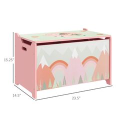 a pink toy chest with mountains and trees painted on the sides, measurements for each drawer