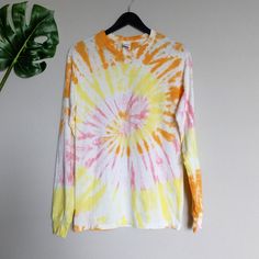 Tie Dye Long Sleeve T-Shirt Unisex Sizing Hand Dyed In Pcb, Florida Has Stretch Preshrunk 100% Cotton 18.5" Pit To Pit | 28" Long 024 Yellow Long Sleeve T-shirt For Spring, Yellow Relaxed Fit Long Sleeve T-shirt, Multicolor Relaxed Fit Bleached Tops, Hand Dyed Yellow Tops For Summer, Hand Dyed Yellow Top For Summer, Yellow Soft-washed Crew Neck Top, Yellow Hand-dyed Top For Summer, Summer Yellow Hand-dyed Top, Summer Hand-dyed Yellow Top