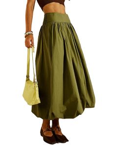 PRICES MAY VARY. Material: Women bubble long skirt, pleated boho maxi skirts made by high quality polyester fabric, soft, breathable, lightweight, skin friendly, stretchy, comfortable to wear, casual ruffle A line flowy long skirt. Features: Low elastic waist bubble maxi skirt, y2k swing A line pleated long skirt, solid color, stretch waistband, flowy balloon long skirt, ankle length, smocked low waist, bubble hemline design like flower bud shape, cute midi skirt streetwear. Style: Y2k bubble ma Y2k Long Skirt, A Line Long Skirt, Casual Summer Skirt, Skirt Streetwear, Long Skirt Summer, Skirt Images, Balloon Skirt, Evening Skirts, Ankle Length Skirt