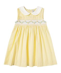 Style # FK-TM1060 Made with 100% Cotton Yellow Cotton Smocked Dress For Spring, Yellow Smock Dress For Spring, Yellow Sleeveless Smocked Dress, Fitted Yellow Cotton Smocked Dress, Yellow Smocked Sleeveless Dress, Fitted Sleeveless Dress With Smocked Cuffs, Marilyn Dress, Pan Collar Dress, Smocked Baby Dresses