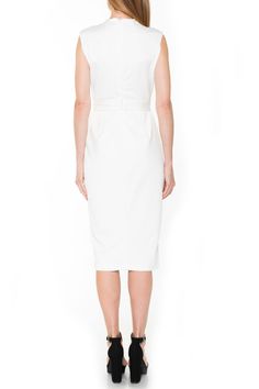 A flattering belted waist adds a feminine touch to this chic mock neck sheath dress.Fit: this style fits true to size. Classic Spring Bodycon Dress, Classic Spring Knee-length Bodycon Dress, Classic Knee-length Bodycon Dress For Spring, Office Dresses With Straight Neckline For Spring, Spring Classic Knee-length Bodycon Dress, White Bodycon Midi Dress For Work, Summer Bodycon Dress With Straight Neckline For Work, Spring Workwear Pencil Skirt Midi Dress, Spring Workwear Pencil Midi Dress