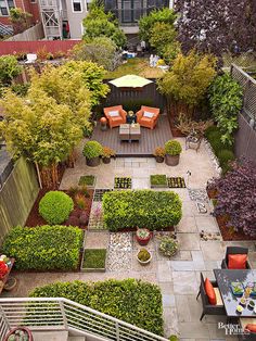 an aerial view of a small garden with seating and plants in the center, surrounded by tall buildings