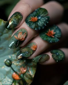 Luna Moth Nail Art, Lily Pad Nail Art, Pond Nail Art, Cottagecore Nail Ideas, Lily Pad Nails, Pond Nails, Nail Designs For Autumn, Forest Green Nails, Green Nails Designs