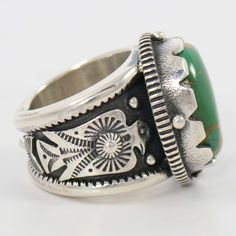 Heavy Gauge Sterling Silver Ring with Applique Designs and set with Natural Royston Turquoise from Arizona. Ring Size: 12.5.75” Setting Width, 1” Setting Height.5” - .875” Band Width Green Southwestern Style Jewelry With Inlay, Southwestern Style Green Inlay Jewelry, Green Round Inlay Jewelry, Southwestern Multi-stone Green Jewelry, Unique Turquoise Rings With Polished Finish, Southwestern Green Multi-stone Jewelry, Vintage Chrysocolla Rings For Gifts, Southwestern Style Green Multi-stone Jewelry, Vintage Chrysocolla Rings As Gift