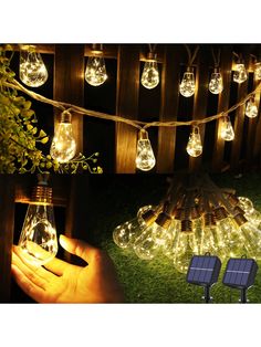 solar powered string lights in the grass with hand holding one light up and two on each side