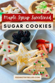 maple syrup sweetened sugar cookies on a plate with berries and strawberries in the background