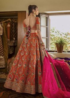 Elegant Orange Embroidered Lehenga Choli Pakistani Bridal Ensemble Embroidered Banarasi Silk Choli For Navratri, Multicolor Embroidery Zari Work Dress For Wedding, Floor-length Embroidered Choli For Diwali, Intricate Embroidered Dress For Diwali Reception, Bollywood Style Embroidered Dress For Diwali Reception, Bollywood Embroidered Dress For Diwali Reception, Intricate Embroidery Dress For Reception And Diwali, Embroidered Dress For Diwali Reception With Intricate Embroidery, Embroidered Dress For Diwali Reception