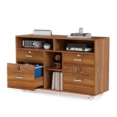 an entertainment center with two drawers and a stereo