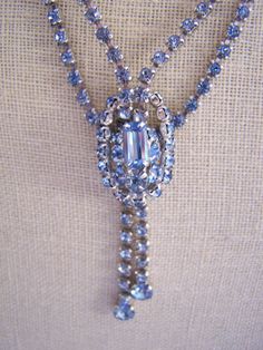 Classic Vintage Blue Rhinestone Bridal Bridesmaid by doodaba Wedding Costume Jewelry Crystal Necklaces, Vintage Crystal Necklaces For Weddings, Vintage Crystal Bridal Necklace, Vintage Crystal Necklaces For Party, Antique Crystal Necklaces For Wedding, Vintage Crystal Embellished Jewelry For Formal Occasions, Vintage Crystal Jewelry With Rhinestones, Antique Crystal Wedding Necklaces, Vintage Wedding Necklaces With Sparkling Stones