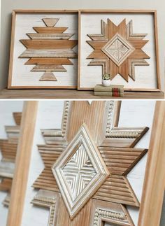 two pictures of wooden frames with different designs on them