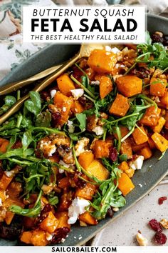 This salad is both hearty and full of flavor. Butternut Squash Feta Salad is sweet, savory and dressed in a zesty maple date vinaigrette.  via @sailor_bailey Date Vinaigrette, Date Dressing, Butternut Squash Feta, Healthy Fall Salads, Sailor Bailey, Autumn Salad Recipes, Thanksgiving Salad, Butternut Squash Salad, Holiday Side