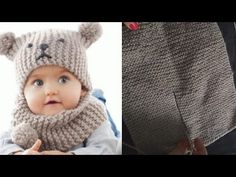 a baby wearing a knitted bear hat next to an adult's hand holding a sweater