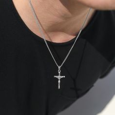 18k Silver Crucifix Necklace Silver Cross Necklace Men Silver Cross Pendant Chain for Man Christian Jewelry Boyfriend Valentine Gift for Man - Etsy Christian Necklace Men, Silver Cross Chain For Men, Cross Necklace For Men Silver, Silver Crucifix Necklace, Silver Cross Necklace Mens, Necklace Outfit Men, Cross Chain Men, Jewelry For Boyfriend, Necklace For Men Silver