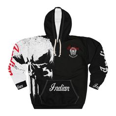 This bold and rugged hoodie features a unique fusion of two iconic symbols--Indian Motorcycle and the Punisher Skull. The front showcases the classic Indian Motorcycle logo, renowned for its rich heritage and timeless style, while the back displays the fierce Punisher Skull, symbolizing strength and determination. Made from premium, soft cotton-blend fabric, this hoodie offers comfort and warmth, perfect for riding or casual wear. With a relaxed fit, adjustable drawstring hood, and front pouch pocket, it's a must-have for motorcycle enthusiasts who embrace the rebellious spirit of adventure and power. Heavyweight Cotton Sweatshirt For Streetwear, Urban Cotton Hoodie With Front And Back Print, Black Hoodie With Front And Back Print, Urban Sweatshirt With Front And Back Print For Streetwear, Cotton Hoodie With Front And Back Print, Streetwear Fan Apparel Hoodie Sweatshirt, Winter Fan Apparel Hoodie With Logo Print, Urban Hoodie With Front And Back Print For Winter, Winter Streetwear Sweatshirt With Front And Back Print