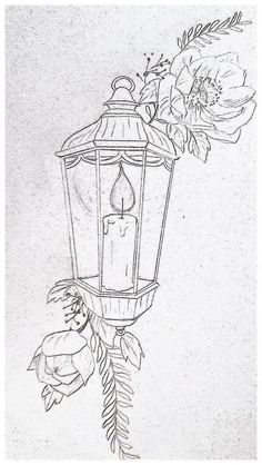 a black and white drawing of a lantern with flowers on the side, next to a candle