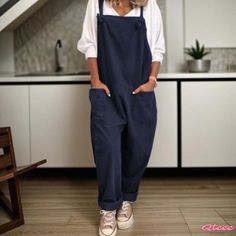 Qteee - Adjustable Belted Sleeveless Cotton Linen Jumpsuit with Retro Casual Solid Color and Convenient Pockets Linen Jumpsuit, Short Sleeve Jumpsuits, Sophisticated Dress, Plaid Blouse, Long Sleeve Jumpsuit, Fitted Trousers, Vintage Casual, Daily Dress, Casual Trousers