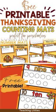 Your preschool students will learn basic math counting & practice fine motor skills with free printable Thanksgiving counting number mats. Counting Mats, Counting Activities Preschool, Free Printable Thanksgiving, Counting Practice, Thanksgiving School, Indoor Activities For Toddlers, Thanksgiving Activities For Kids, Counting Numbers, Basic Math Skills