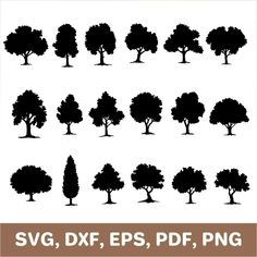 the silhouettes of different trees and bushes are shown in black on white background, with brown