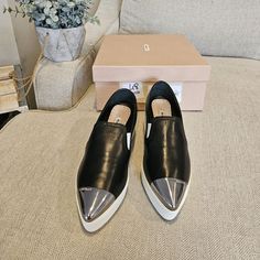 Brand New In Original Box Authentic Miu Miu Leather Shoes Size Labeled 35.5, Which Normally Translates To A 5.5. Please Know Your Size In Miu Miu. Beautiful Luxurious Black Leather. Absolutely Love This Style. It Is So Timeless And Stylish. Kendall Jenner Wore The Same Pair, But In White! Miu Miu Can Do No Wrong. Please Review The Photos Carefully. Although These Are Brand New From The Store, These Were Store Displays. Therefore, There Are Minor Marks On Them. I Got These A Few Years Ago And Sto Black Loafers With Contrasting Heel And Pointed Toe, Low-top Leather Heels For Parties, Leather Party Heels, Leather Low-top Heels For Parties, Designer Miu Miu Leather Heels, Designer Leather Heels By Miu Miu, Designer Leather Miu Miu Heels, Low-top Leather Loafers For Parties, Leather Low-top Loafers For Party