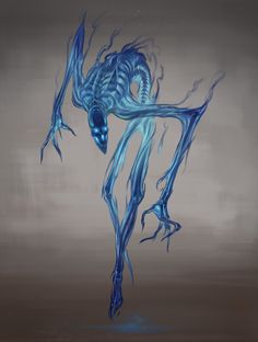 an artistic painting of a blue creature with long, slender arms and claws on it's body