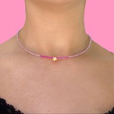 Handmade With Love!! Pink Choker-Style Necklace With Gold Star. A Portion Of The Proceeds Will Be Donated!! #Donate #Handmade #Necklace Pink Heart Charm Necklaces For Jewelry Making, Pink Star Charm Jewelry For Gift, Handmade Pink Dainty Beaded Necklaces, Trendy Pink Adjustable Charm Necklace, Dainty Pink Beaded Necklaces For Gifts, Dainty Handmade Pink Beaded Necklaces, Dainty Pink Beaded Necklaces With Heart Beads, Handmade Dainty Pink Beaded Necklace, Handmade Pink Dainty Beaded Necklace