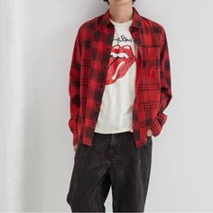 Size: Large New Without Tags Unisex Flannel Edgy Tops With Pockets For Fall, Edgy Fall Tops With Pockets, Trendy Relaxed Fit Flannel Shirt With Pockets, Trendy Relaxed Fit Flannel Shirt, Red Grunge Tops For Fall, Plaid Shirt For Fall Streetwear, Relaxed Fit Flannel Shirt For Fall Streetwear, Urban Plaid Long Sleeve Top, Casual Flannel Button-up Top