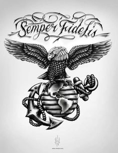 an eagle with a globe and anchor on it's chest is shown in this tattoo design