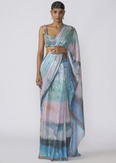 Kinfolk aurora printed sequin tulle draped saree with applique embellished blouse. Rahul Khanna, Draped Saree, Nyc Studio, Drape Saree, Embellished Blouse, Nehru Jackets, Western Wedding, Wedding Service, Short Suit