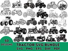 tractor svg bundle is shown in black and white with the text, 50 designs