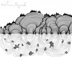 an abstract landscape with mountains and trees in the distance, black and white illustration on a white background