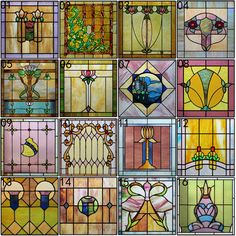 many different stained glass windows with flowers and birds on them, all in different colors