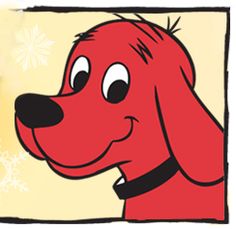 a red dog with big eyes and a snowflake behind it's head