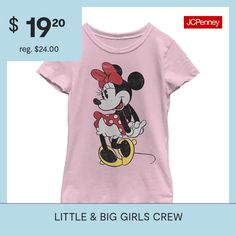 This little and big girls' Minnie Mouse graphic t-shirt is a sweet casual style go-to. Crafted from soft cotton-knit, this tee has a crew neckline and short sleeves. Style it with leggings or a skirt. Character: Minnie MouseClosure Type: Pullover HeadFit: Regular FitNeckline: Crew NeckSleeve Length: Short SleeveFiber Content: 100% CottonFabric Description: KnitCare: Tumble Dry, Machine WashCountry of Origin: Imported Cute Pink Minnie Mouse T-shirt, Cotton Minnie Mouse T-shirt With Short Sleeves, Cotton Minnie Mouse Short Sleeve T-shirt, Minnie Mouse Cotton T-shirt, Cute Minnie Mouse T-shirt For Summer, Pink Minnie Mouse Crew Neck T-shirt, Pink Cotton Minnie Mouse Tops, Minnie Mouse Short Sleeve T-shirt For Spring, Playful Cotton T-shirt With Minnie Mouse