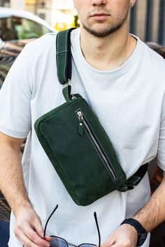 Crossbody Bag 'Vault Green', Leather Shoulder Bag, Chest Bag, Leather Sling Bag, Travel Port, Small Rucksack, Slim Phone Bag, Green Satchel ∎ Genuine leather ∎ Italian accessories ∎ Leather strap ∎ One main zipped compartment ∎ Two side pockets with zipper ∎ One zipped pocket inside ∎ Height: 29 cm / 11.4 in, ∎ Length: 19 cm/ 7.5 in This handmade genuine leather bag is made from traditional leather. The bag has much compartments for easy storage and organization of your personal belongings. The Modern Leather Backpack With Cell Phone Pocket, Green Chest Bag With Zipper For Everyday Use, Leather Rectangular Belt Bag For Outdoor, Rectangular Leather Belt Bag For Outdoor, Outdoor Leather Rectangular Belt Bag, Modern Satchel Chest Bag With Zipper Pocket, Leather Rectangular Chest Bag With Zipper Pocket, Green Rectangular Chest Bag For School, Leather Chest Bag With Zipper In Pouch Shape