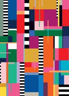 an abstract pattern with squares and lines in multicolors on black, white, pink, green, blue, yellow