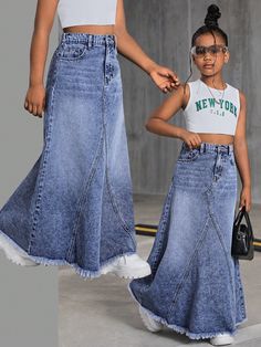 Tween Girls Y2K Trending High Waist Raw Hem Maxi Denim Long Skirt,Tween Girls Back To School Clothes Streetwear Outfits Medium Wash Casual   Denim Plain Mermaid Non-Stretch  Tween Girls Clothing, size features are:Bust: ,Length: ,Sleeve Length: Denim Long Skirt, Back To School Clothes, Girls Denim Skirts, Girls Y2k, Girls Back, Long Jean Skirt, Clothes Streetwear, Long Denim Skirt, School Clothes