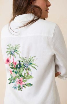 Crisp linen lets you keep your cool on a hot day in this long-sleeve button-up shirt embroidered with colorful tropical flora at the chest and back. Front button closure Spread collar Long sleeves with one-button cuffs 100% linen Machine wash, tumble dry Imported Casual Long Sleeve Embroidered Shirt, Casual Long Sleeve Shirt With Floral Embroidery, Vacation Long Sleeve Shirt With Floral Print, Long Sleeve Floral Print Shirt For Vacation, Beach Embroidered Shirt With Camp Collar, Embroidered Vacation Tops With Camp Collar, Summer Floral Embroidered Relaxed Fit Shirt, Summer Floral Embroidery Relaxed Fit Shirt, Long Sleeve Shirt With Tropical Print For Spring