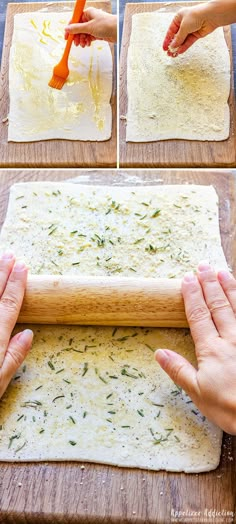 the process for making pizza dough is being made by rolling out ingredients on a wooden cutting board