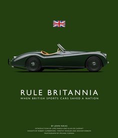 a green car with the british flag on it's side and text that reads rules britain