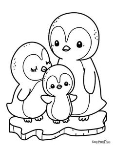 an adult penguin with two baby penguins on top of a piece of wood, outlined in black and white