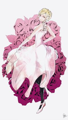 a drawing of a woman in a white dress with pink roses on the back ground