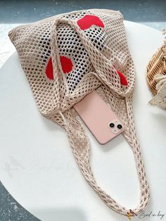 BirdinBag - Stylish Womens Knitted Bag: Heart Pattern Beach Tote with Ample Storage, Ideal for Students and Outdoor Activities Heart-shaped Summer Bag For Everyday Use, Casual Knitted Beach Bag For Vacation, Heart-shaped Summer Bags For Everyday Use, White Knitted Shoulder Bag For Beach, White Knitted Beach Shoulder Bag, Vacation Bag, Knitted Bag, Heart Pattern, Animal Fashion