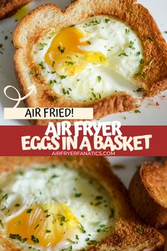 air fried egg in a basket on a white plate with the words air fried above it