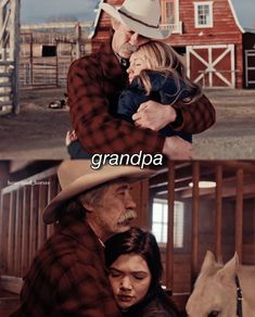 a man and woman hugging each other in front of a barn with the caption grandpaa