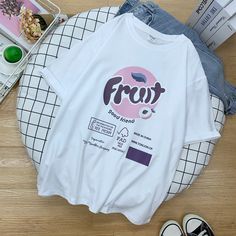 Korean Style Fruit women t-shirts on Storenvy Actor Dr, Plus Size Kawaii, Mha Dr, Harajuku Shirt, Fruit Logo, T-shirt Print Design, New Personality, Tshirt Oversized, Christmas Sack