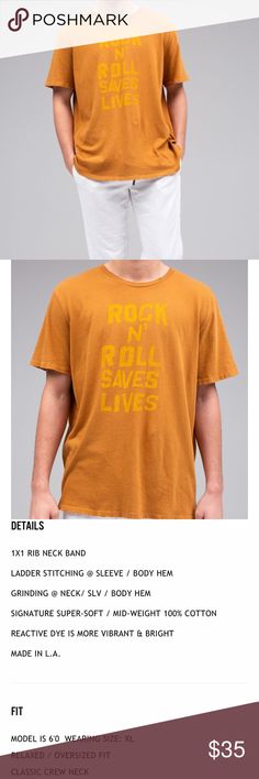 NEW Graphic rock n roll saves lives Unisex tshirt Can be unisex. The color is called saffron and it’s a little darker in person than the stock photo with less yellow and more light brown. The last pic shows the true color. Super soft and distressed by design. Med - 21” armpit to armpit Large 27” shoulder to hem and 23” armpit to armpit. XL - 25” armpit to armpit New, never worn and only taken out of packaging for photos. Junk Food Clothing Shirts Tees - Short Sleeve Food Clothes, Unisex Tshirt, Saving Lives, Rock N, Junk Food, Rock N Roll, Light Brown, Fitness Models, Tee Shirts