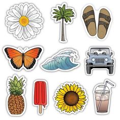 various stickers with different types of things on them, such as flowers and sunflowers