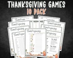 thanksgiving games for kids to play in the classroom with text overlay that says, thanksgiving games 10 pack